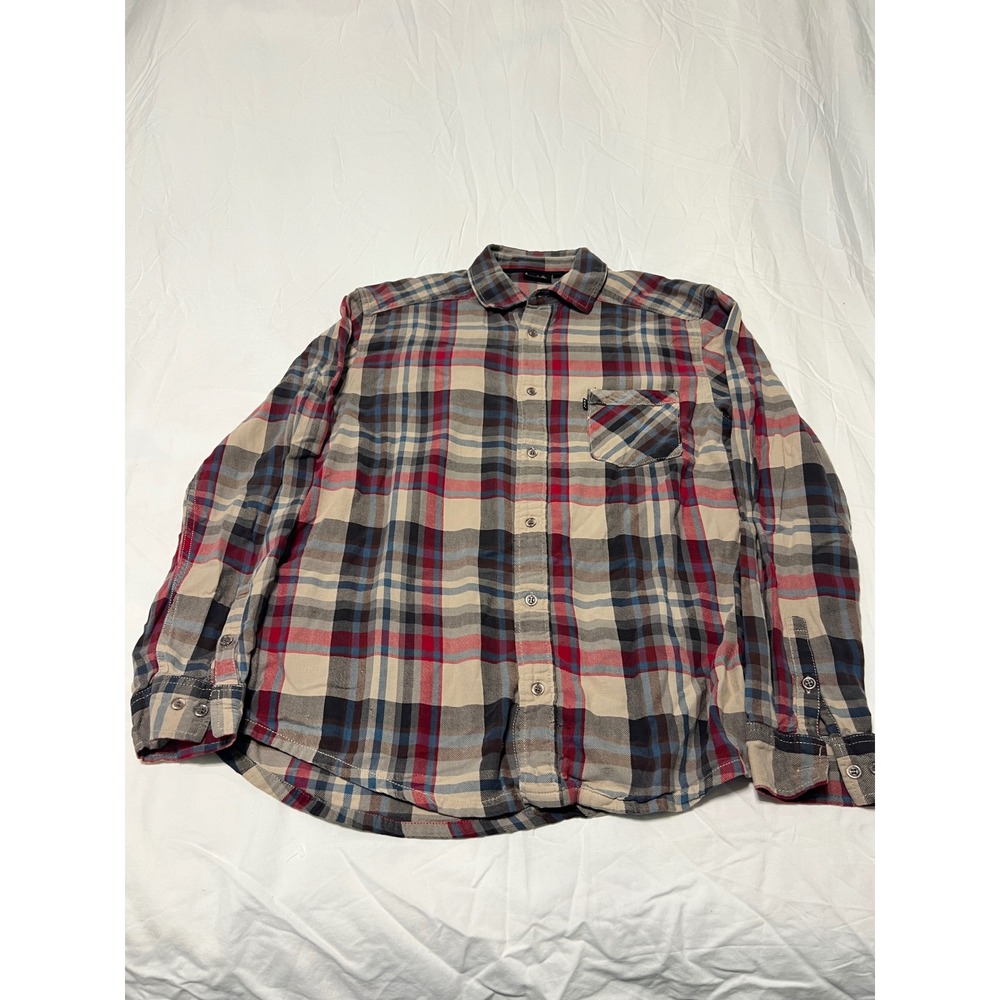 Kavu Mens Long Sleeve Plaid Button Down Shirt Red Blue Tan 100% Cotton L Large